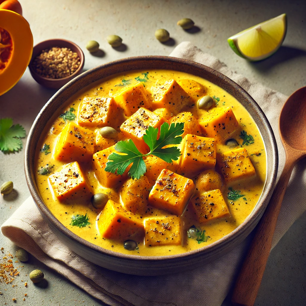 Tápláló curry kókusztejes sütőtökkrémmel és pirított tofuval