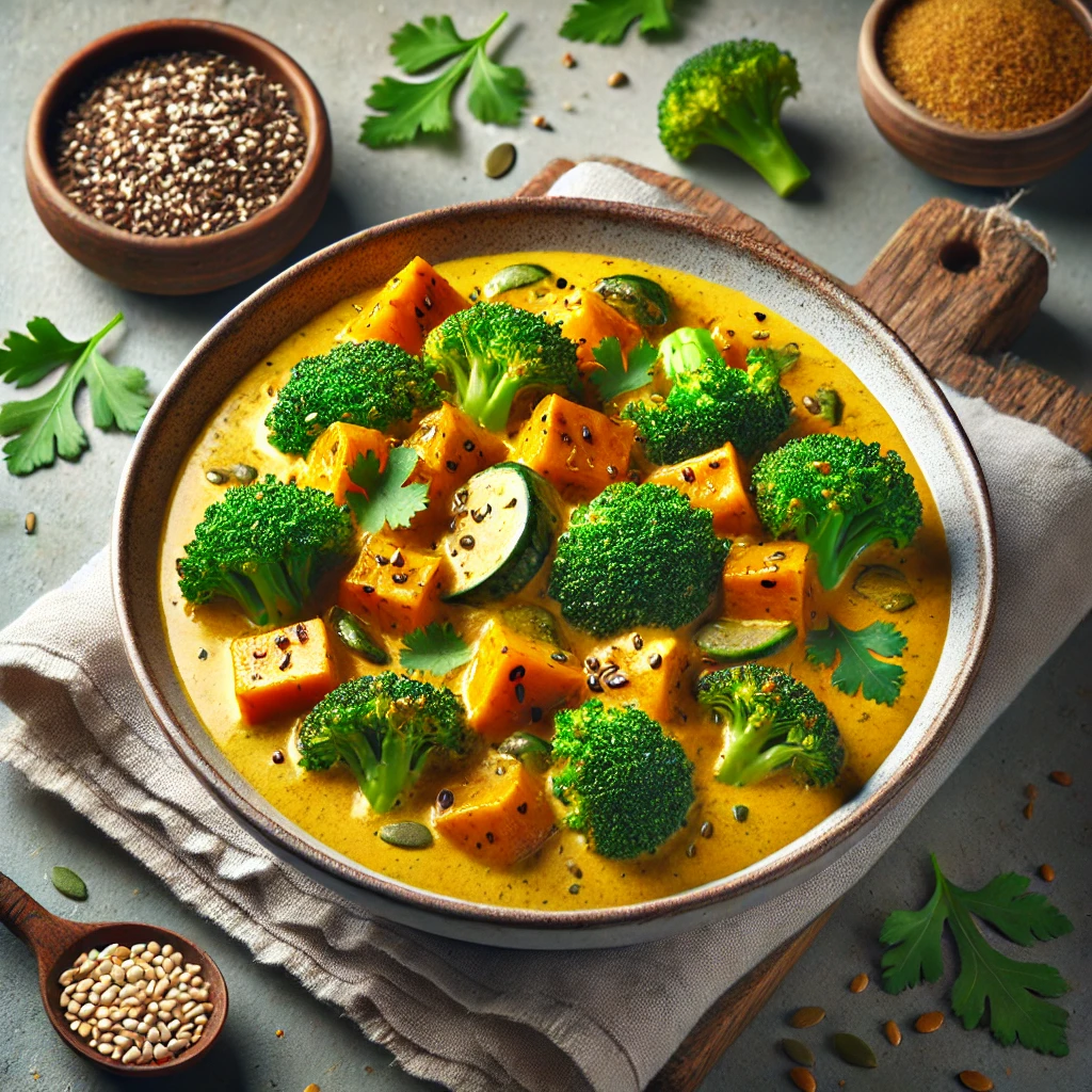 Tápláló curry sült sütőtökkel, brokkolival és tahinivel