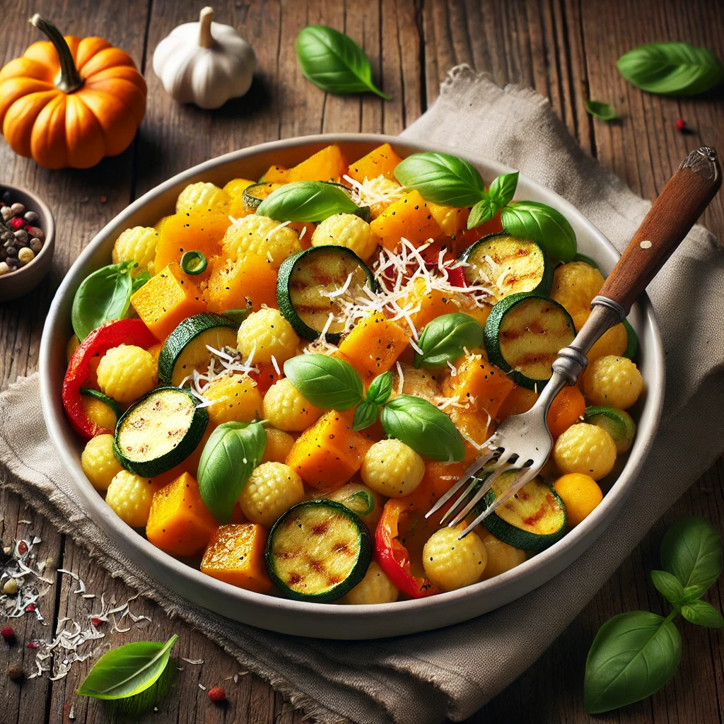 Tápláló gnocchi sült sütőtökkel és friss zöldségekkel