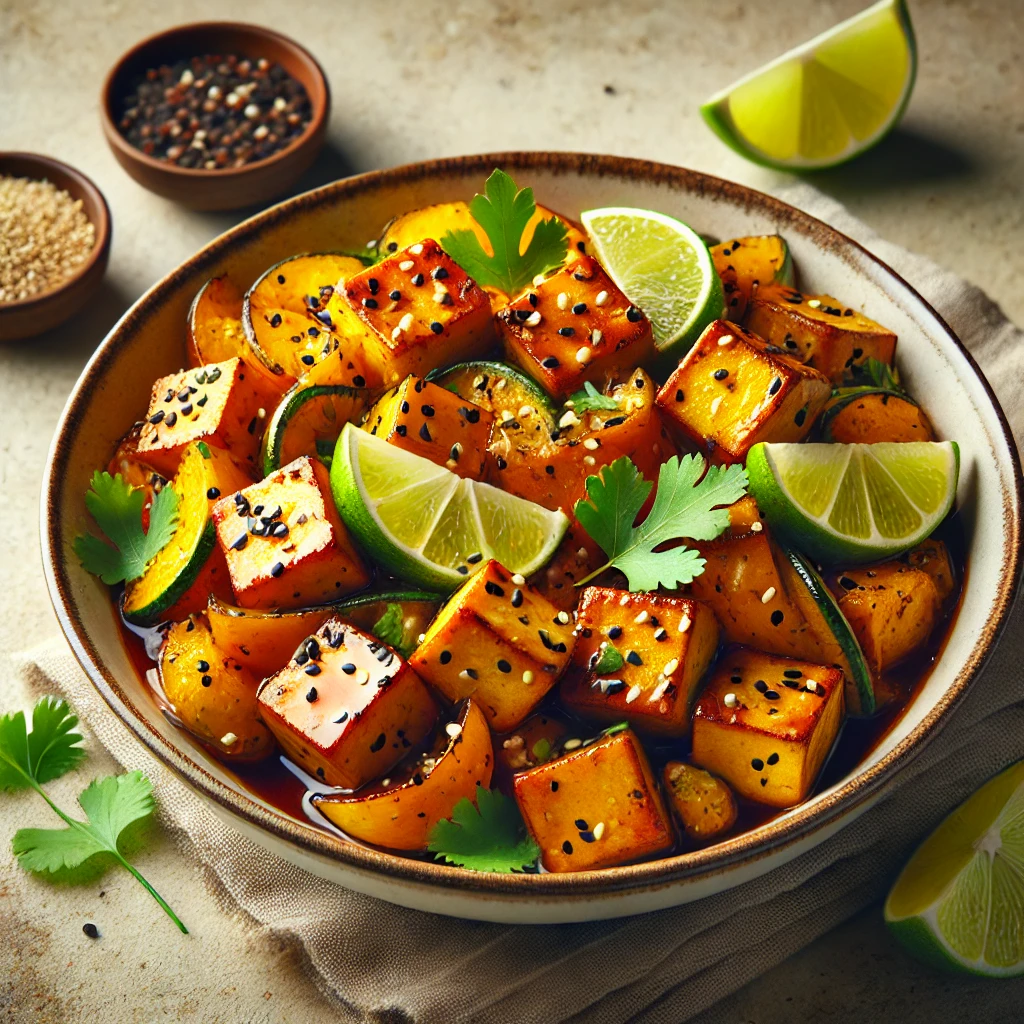 Tápláló tofu wok sütőtökkel, lime-mal és szójaszósszal
