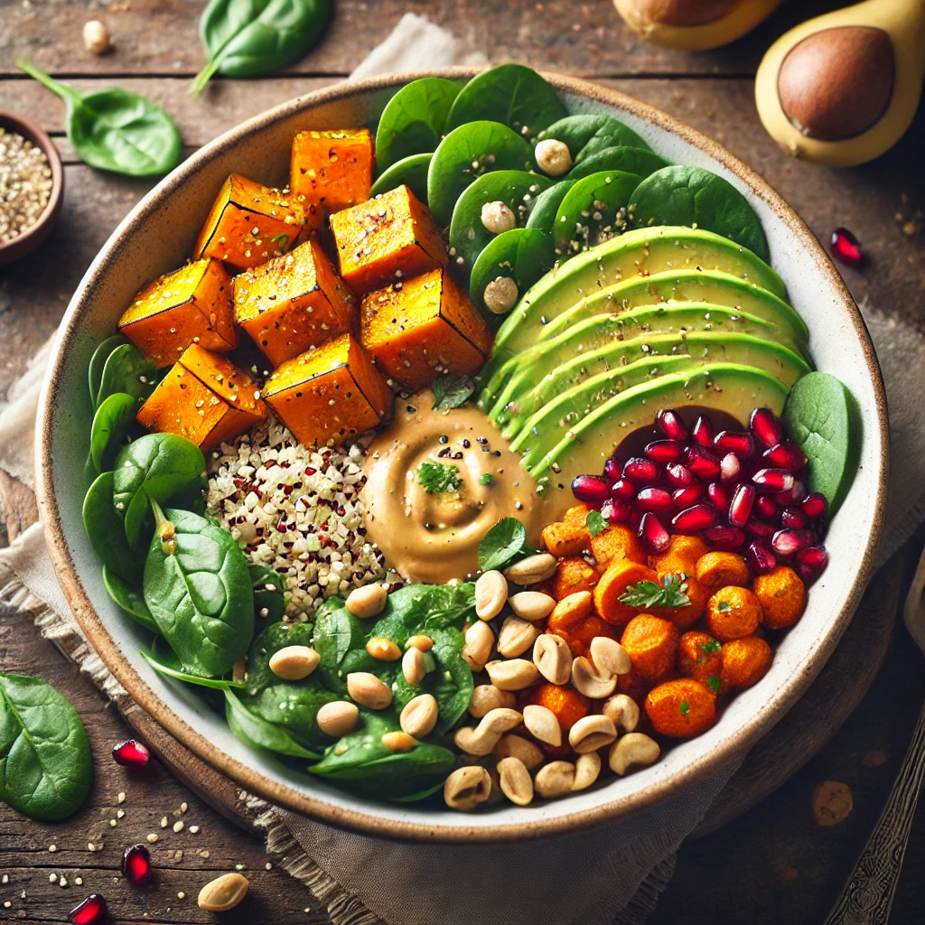 Tápláló vegán tál sütőtökkel, mogyoróval és quinoa alappal