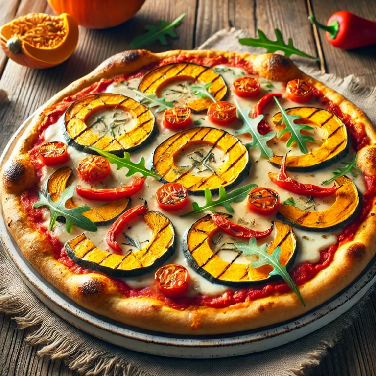 Sütőtökös pizza vegán sajttal tálalva