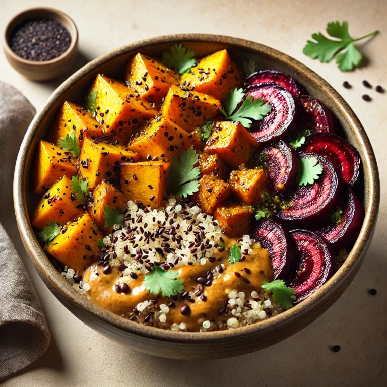 Sütőtökös quinoa Buddha-tál currys céklával tálalva