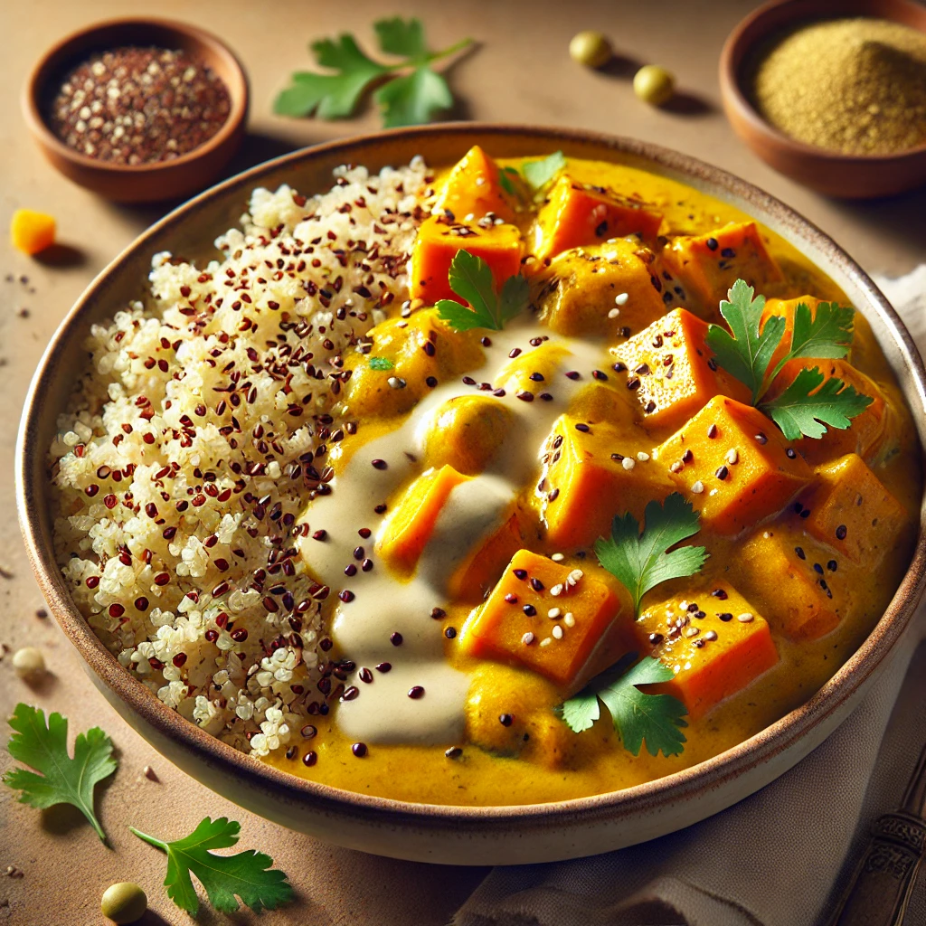 Tápláló quinoa curry sütőtökkel és tahinivel