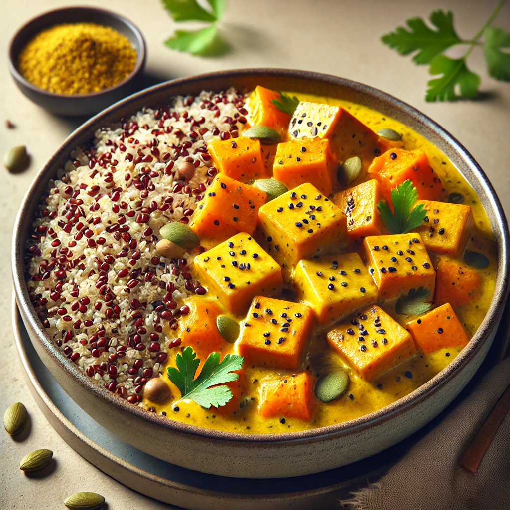 Tápláló curry tofuval, quinoával és sütőtökkel