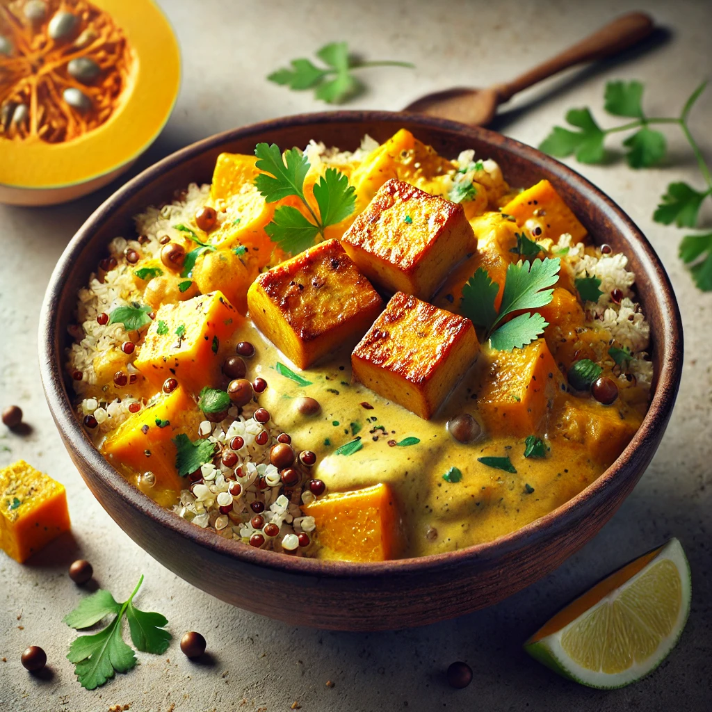 Fűszeres és krémes vegán sütőtökös quinoa curry lime tofuval