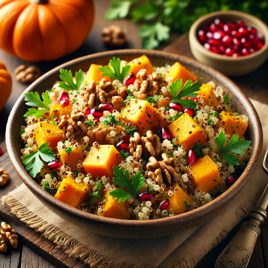 Tápláló és egészséges quinoa saláta sütőtökkel.