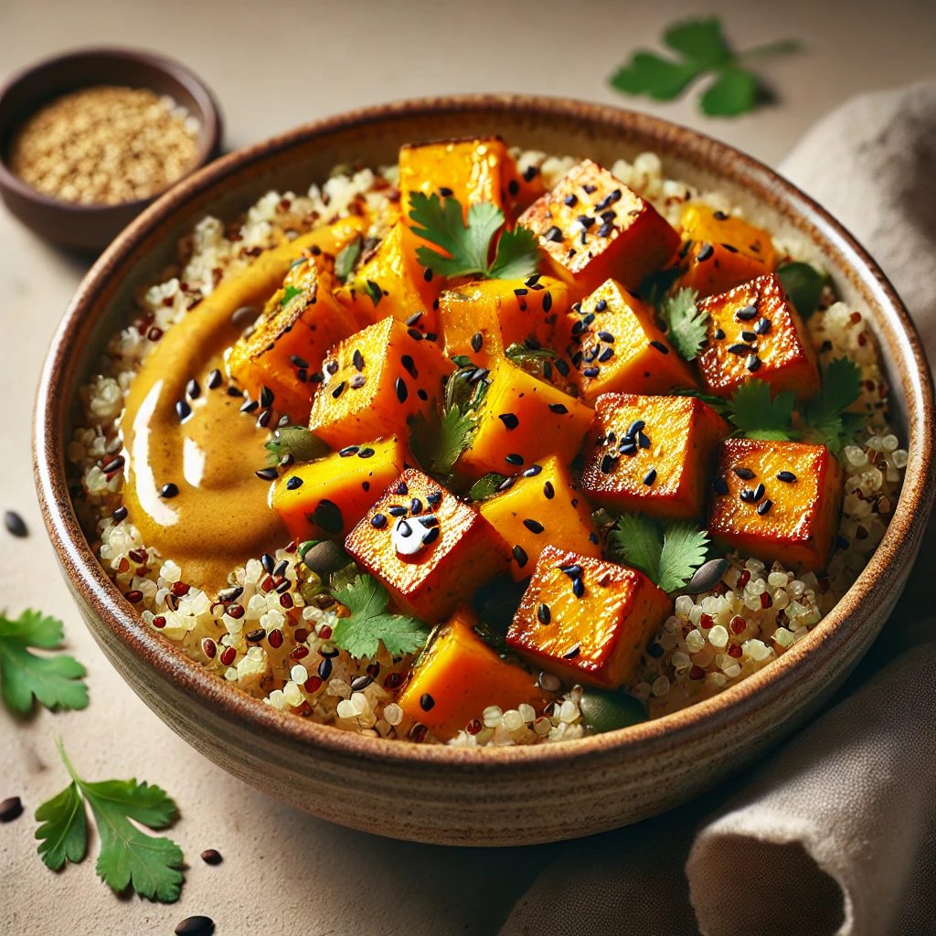Ízletes és tápláló vegán quinoa wok tofuval, tahinivel és sütőtökkel