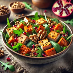 Egészséges és ízletes sütőtökös tofu saláta gránátalmával