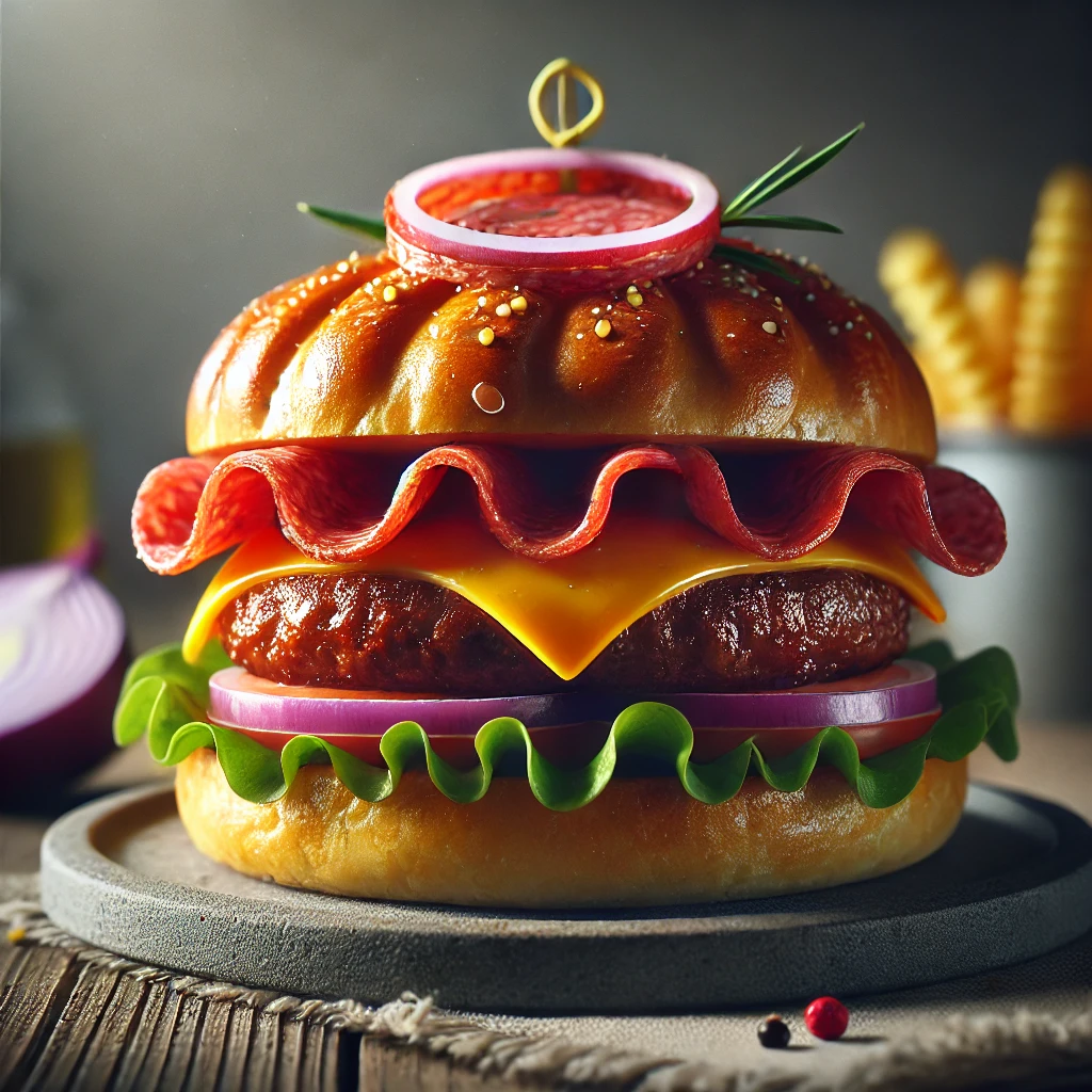 Különleges burger ropogós szalámival és friss zöldségekkel