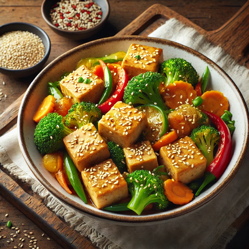 Egészséges és ízletes vegán tofu étel zöldségekkel.