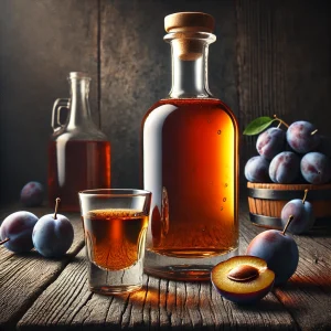 Gazdag és aromás házi szilvapálinka üvegben tálalva