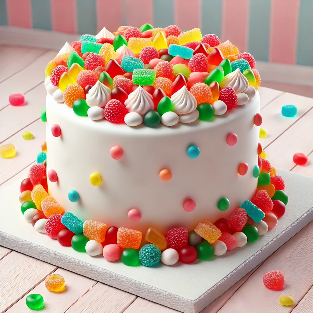 Vidám és színes torta gumicukor díszítéssel
