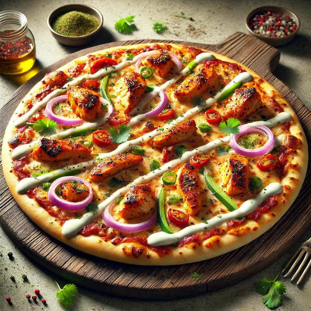 Indiai stílusú pizza grillezett csirkével és fűszerezéssel