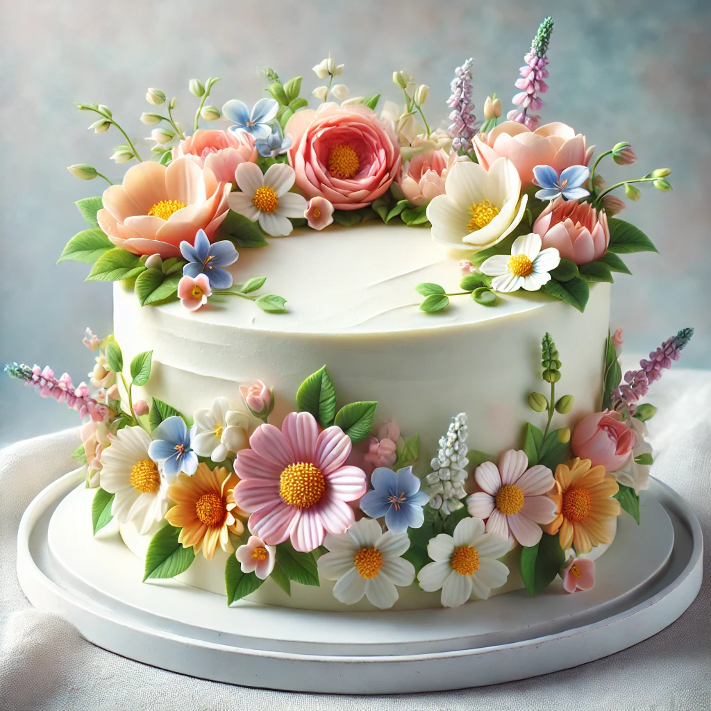 Friss ehető virágokkal díszített tavaszi torta