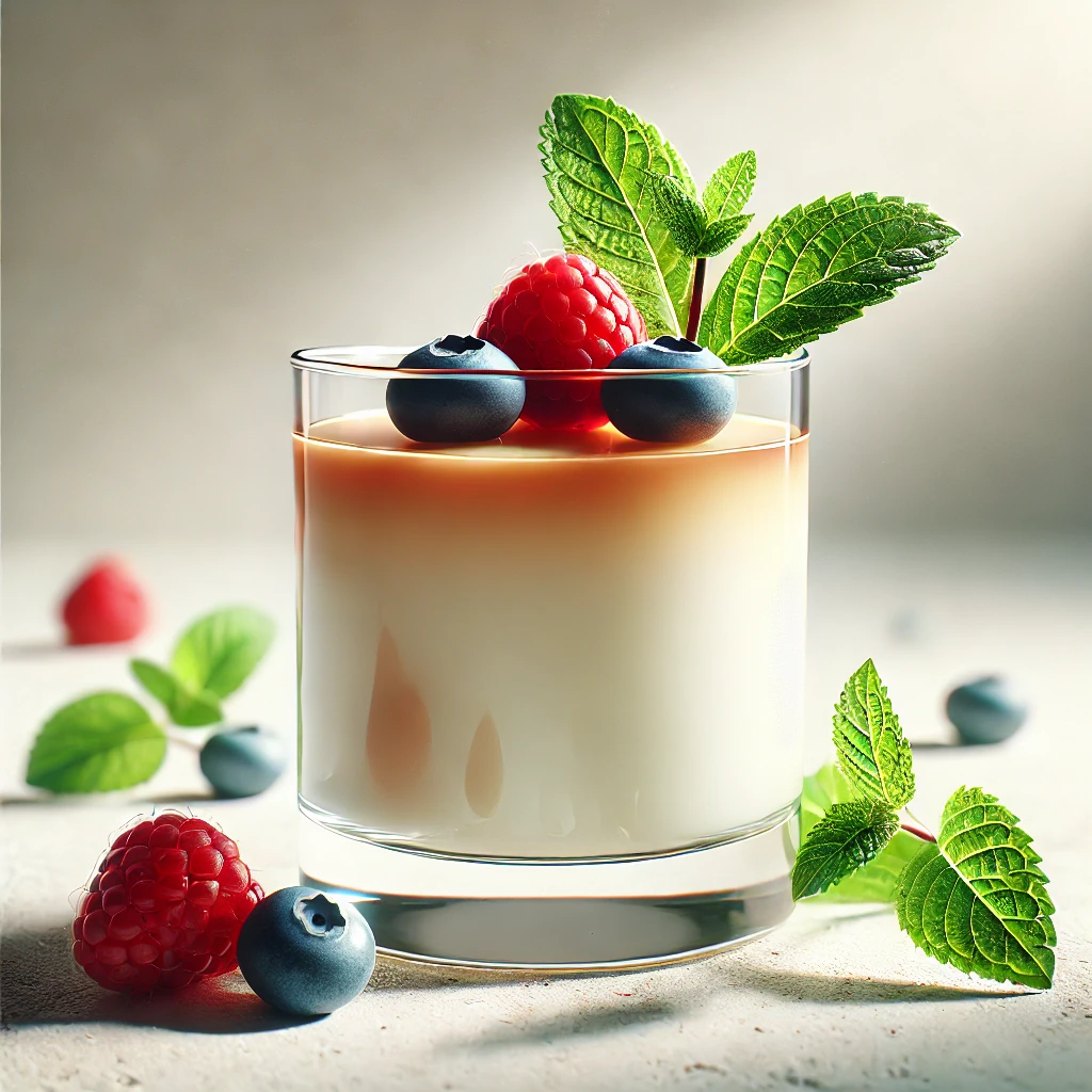 Krémes panna cotta teafűvel és friss gyümölcsökkel díszítve