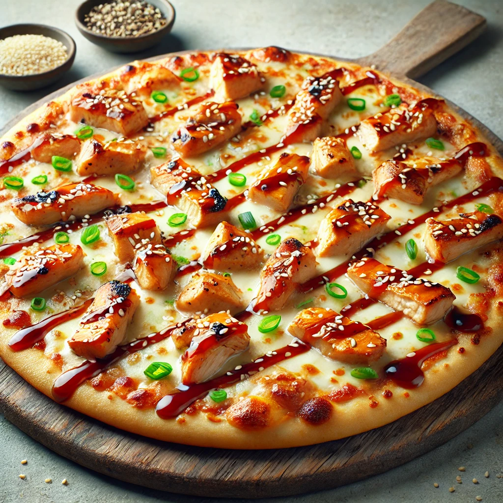 Japán stílusú pizza teriyaki szósszal és grillezett csirkével