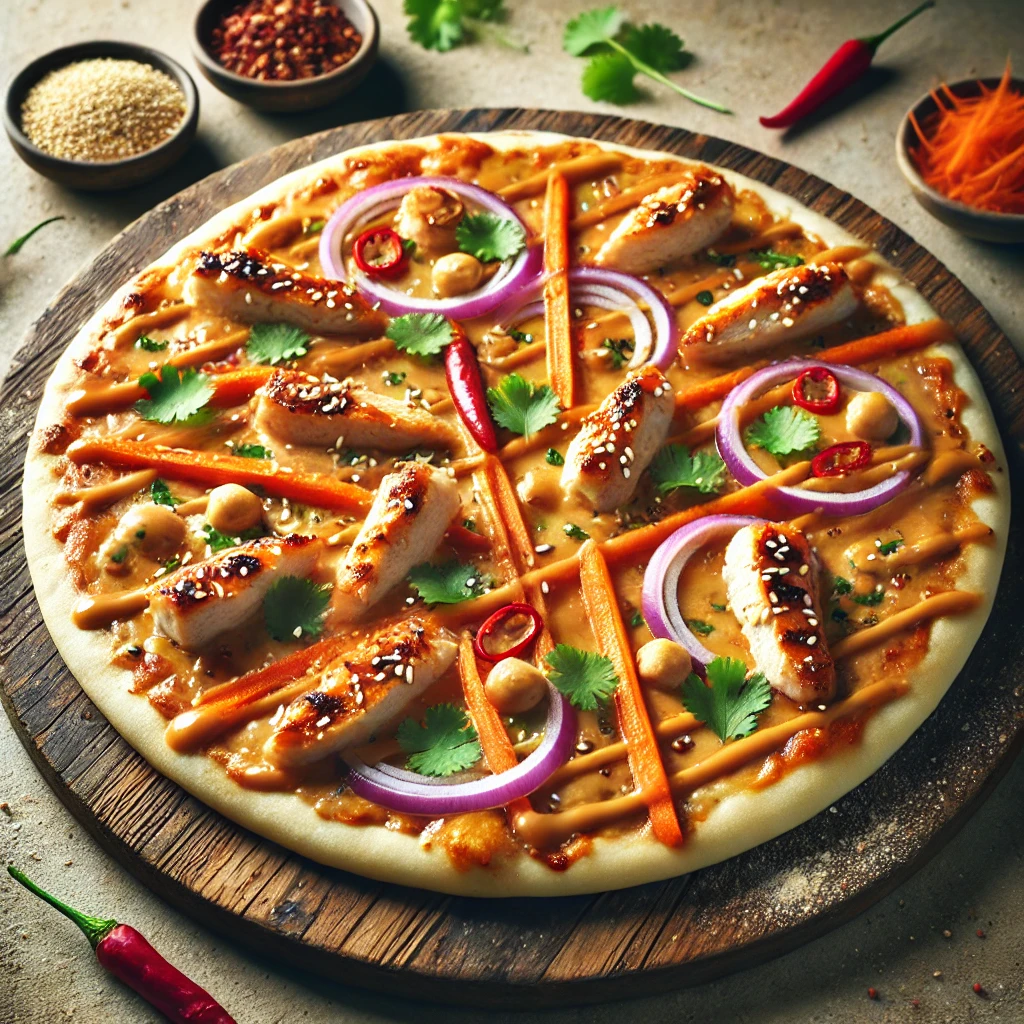 Thaiföldi stílusú pizza grillezett csirkével és fűszerezéssel