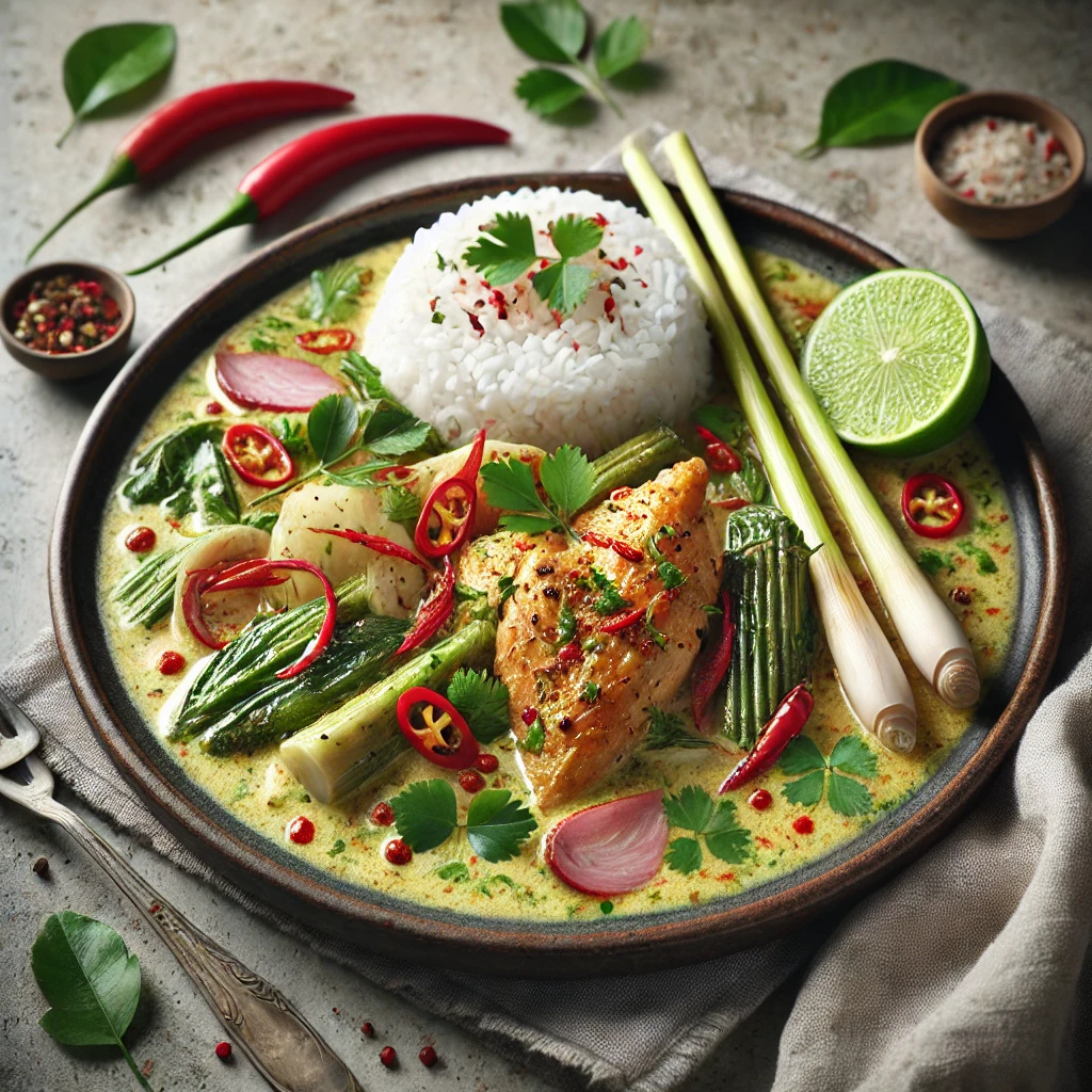 Egzotikus és aromás thai étel rizzsel tálalva