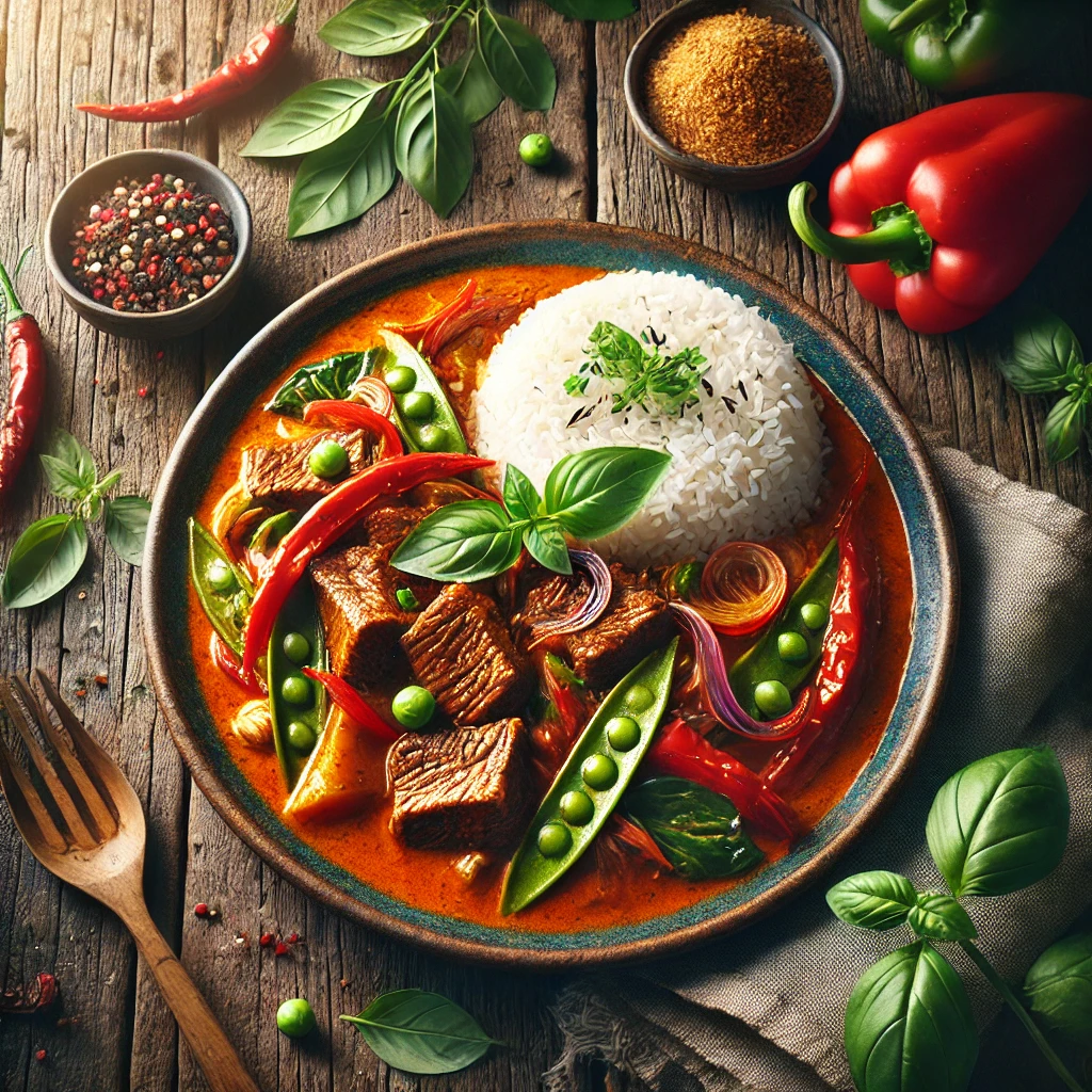 Egzotikus thai vörös curry marhahússal és rizzsel