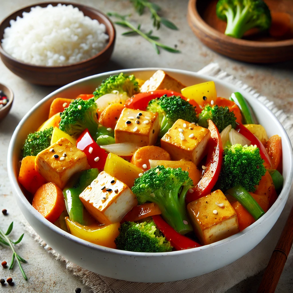 Egészséges és ízletes tofu stir fry ropogós zöldségekkel