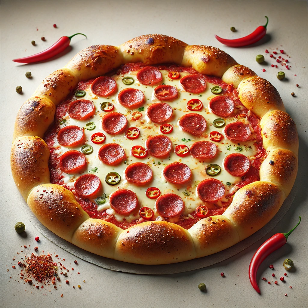 Sajttal töltött szélű Diavola pizza fűszeres és csípős ízekkel