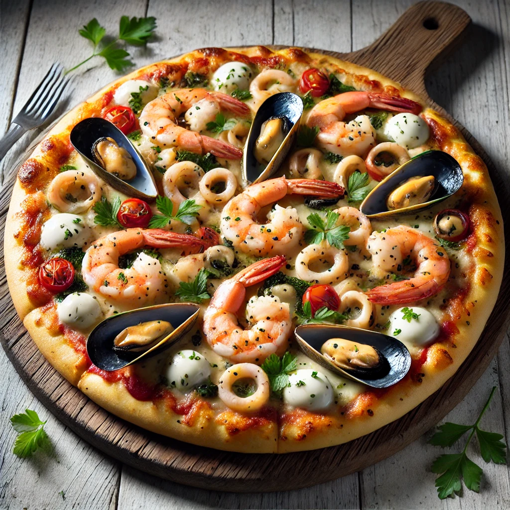 Sajttal töltött szélű pizza friss tengeri herkentyűkkel