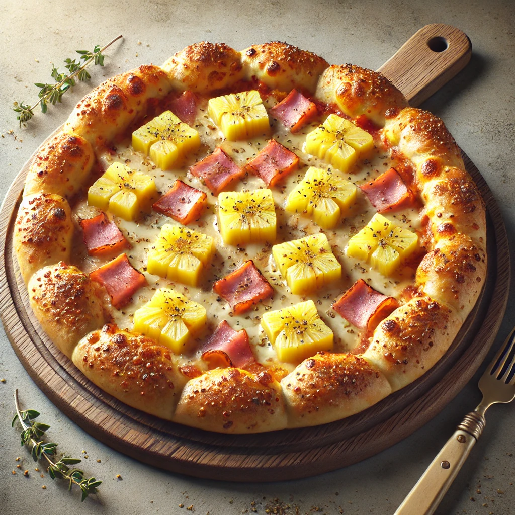 Különleges sajttal töltött pizzaszél Hawaii pizzán