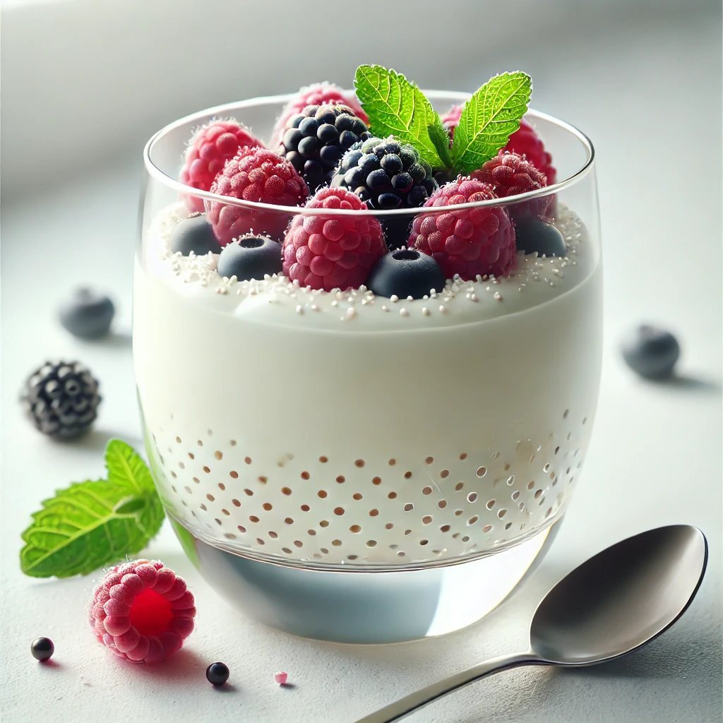 Krémes panna cotta tonkababbal és friss gyümölcsökkel díszítve