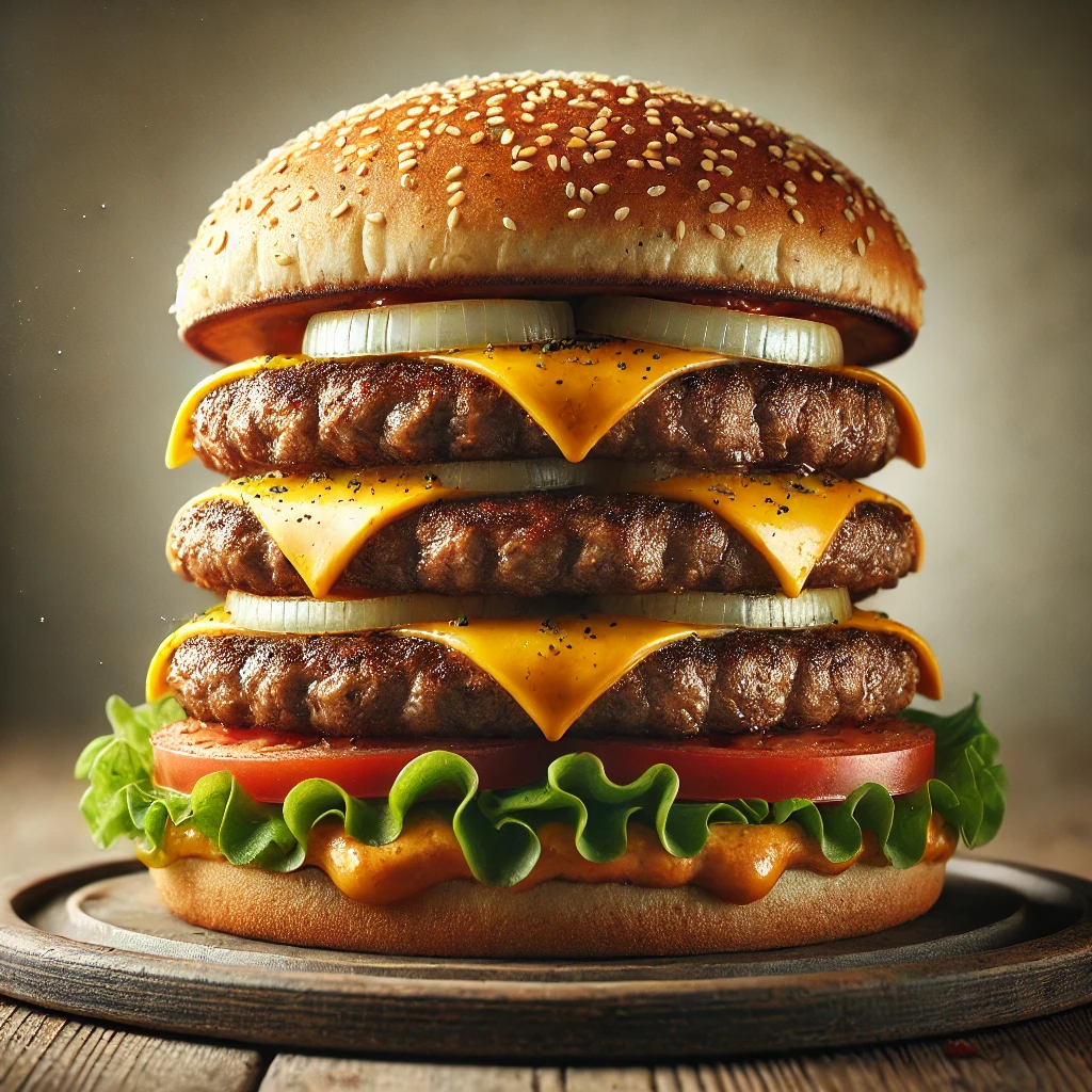 LaktatÃ³ tripla burger hÃ¡rom rÃ©teg hÃºssal Ã©s sajttal