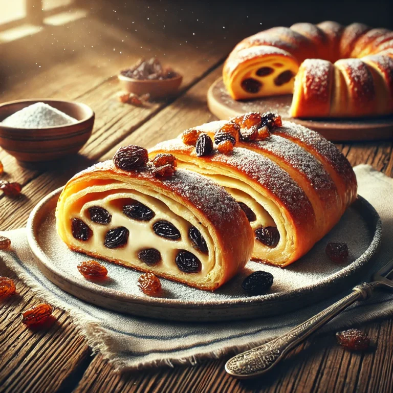 Túrós rétes mazsolával tálalva, porcukorral megszórva