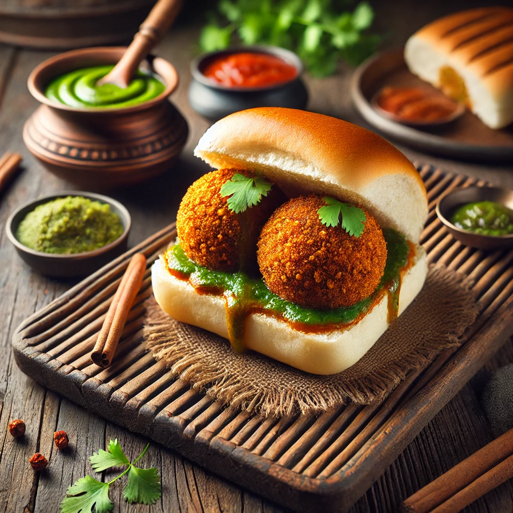 Ízletes indiai Vada Pav húsos töltelékkel és chutney-val