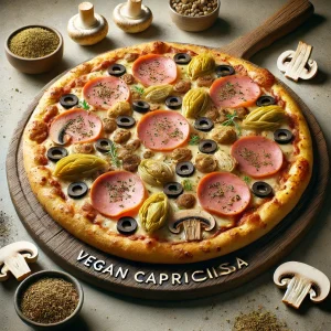 Növényi alapú mozzarella, vegán sonka és friss zöldségek kombinációja