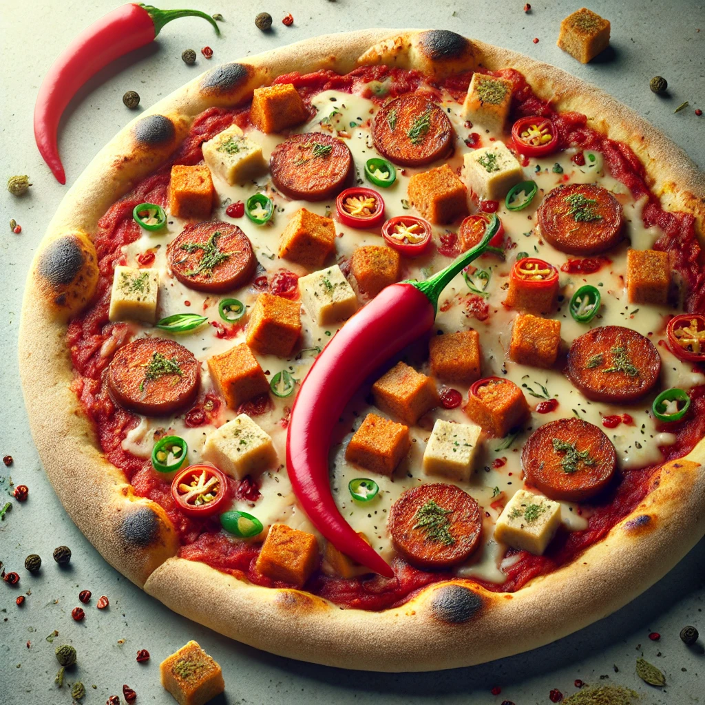 Csípős vegán Diavola pizza növényi alapú kolbásszal