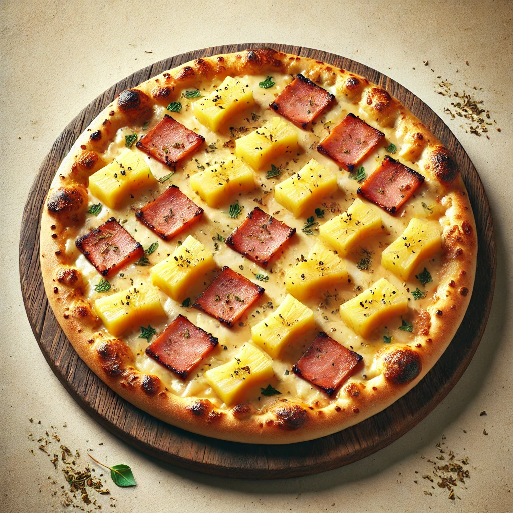 Növényi alapú pizza ananásszal és vegán 'sonkával'