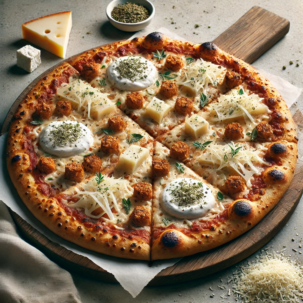 Növényi alapú sajtok és olasz ízek egy pizzán