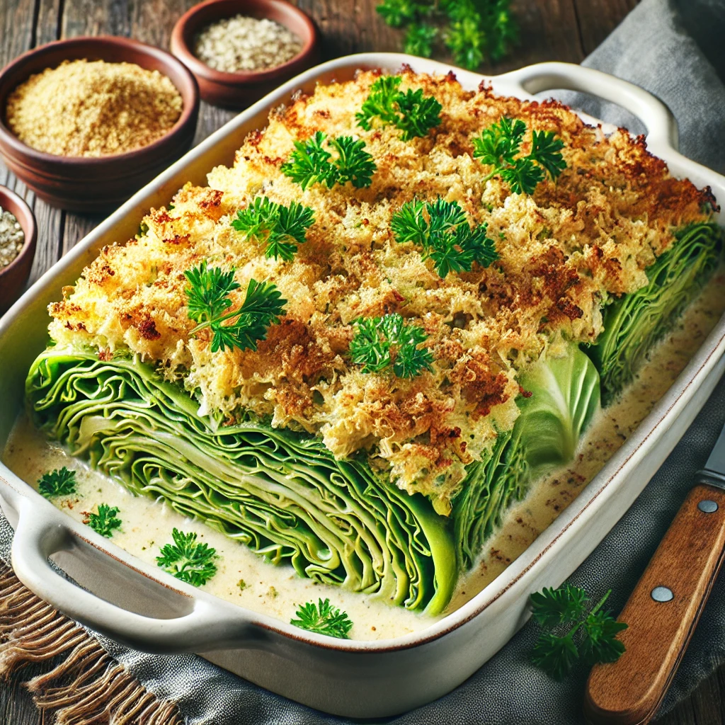 Tápláló csőben sült kelkáposzta vegán tejföllel és zsemlemorzsával