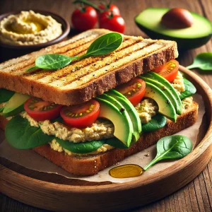 Egyszerű és tápláló vegán szendvics recept hummusszal.
