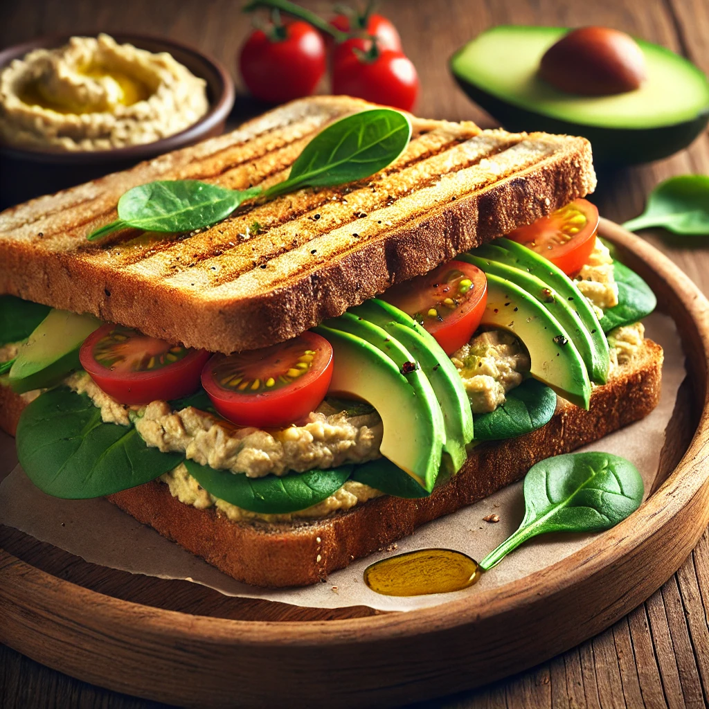 Egyszerű és tápláló vegán szendvics recept hummusszal.