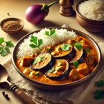 Vegán padlizsán curry rizzsel tálalva, friss korianderrel megszórva
