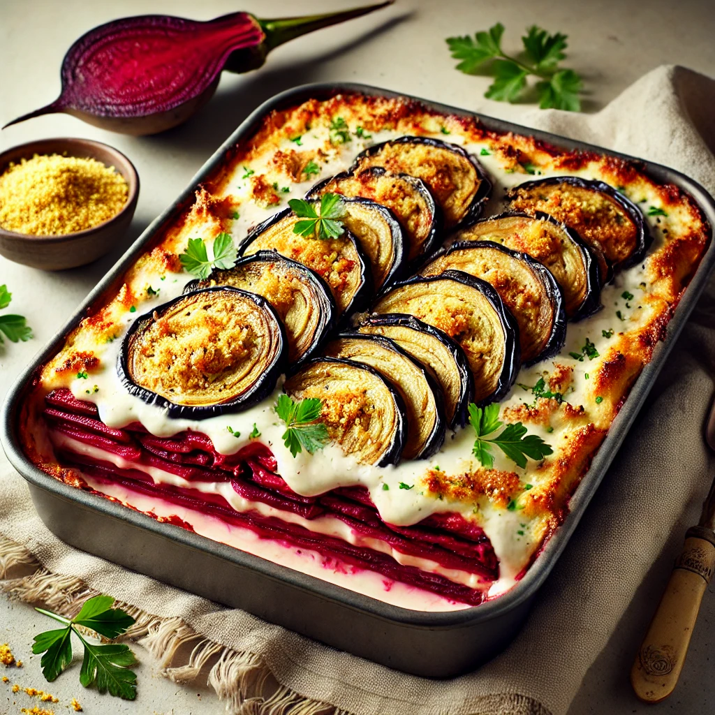 Tápláló padlizsán muszaka céklával és vegán besamellel