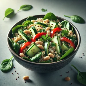 Egészséges quinoa saláta fehérbabbal és friss zöldségekkel