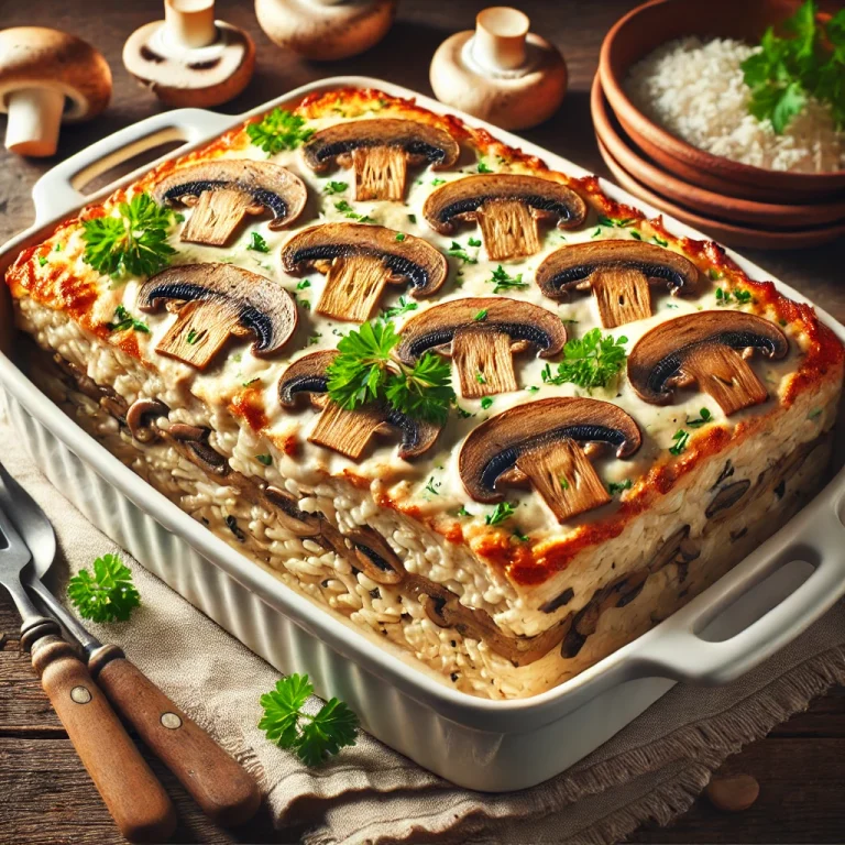 Vegán rakott gomba tálalva