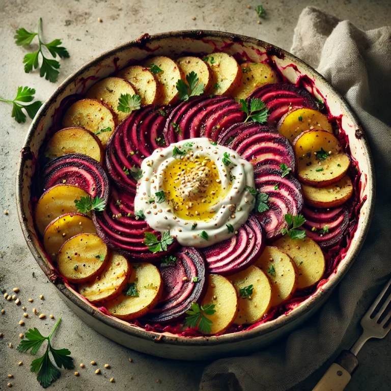 Vegán rakott krumpli céklával
