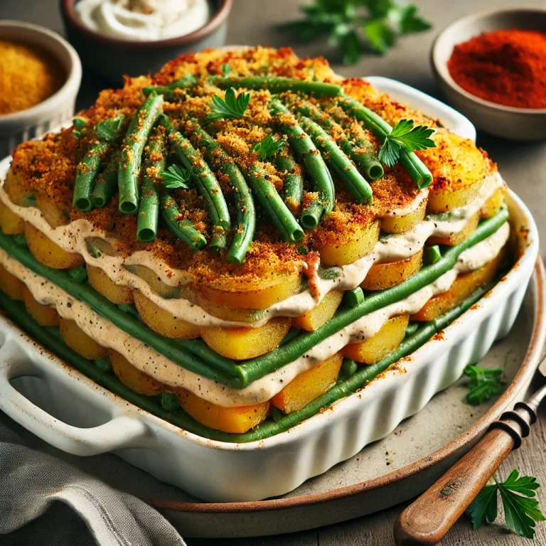 Vegán rakott zöldbab burgonyával tálalva