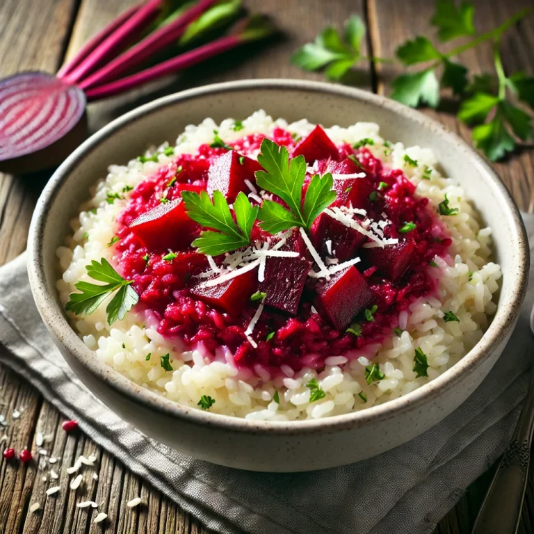 Vegán rizottó céklával tálalva
