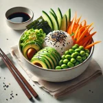 Vegán szusi bowl zöldségekkel és szezámmaggal