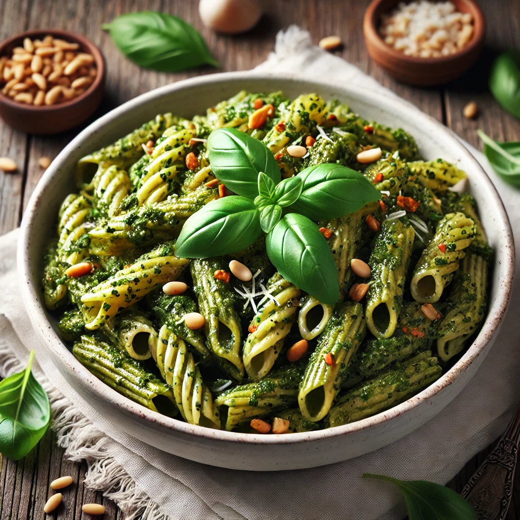 Egyszerű és egészséges vegán pesto tészta recept.