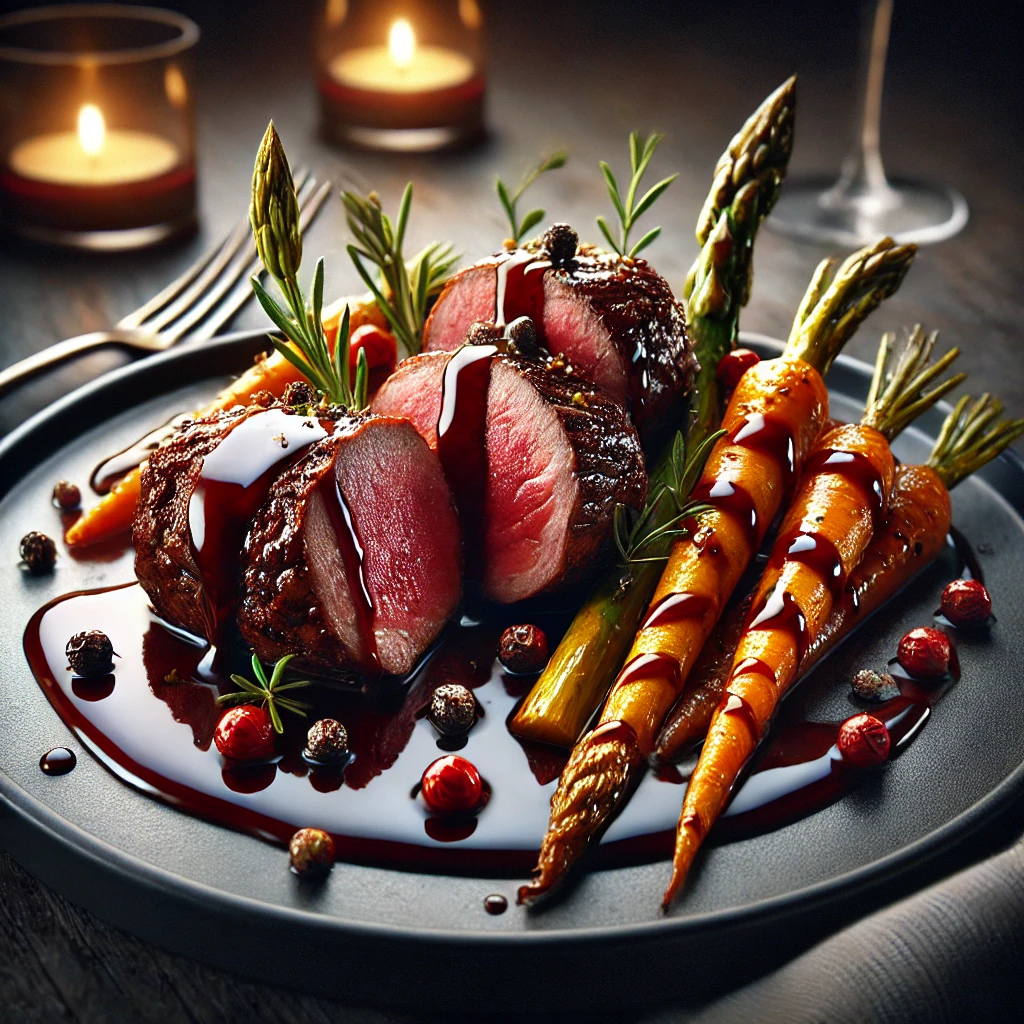 Tender venison loin in a rich juniper and red wine sauce