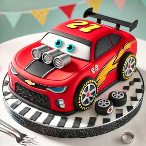 Piros fondant borítású és autós díszekkel ellátott Verdák torta